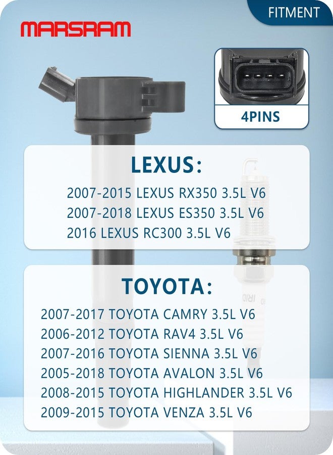 Marsram مجموعة ملفات إشعال Marsram UF487 وشمعات إشعال مزدوجة من الإيريديوم، مناسبة لسيارات تويوتا ولكزس موديلات 2005-2018: كامري، هايلاندر، أفالون، راف فور، سيينا، فينزا، RX350، ES350، RX450h، سعة 3.5 لتر، محرك V6. بديل للأرقام 90919-02251 و90919-A2002 (6 قطع). - Image 2
